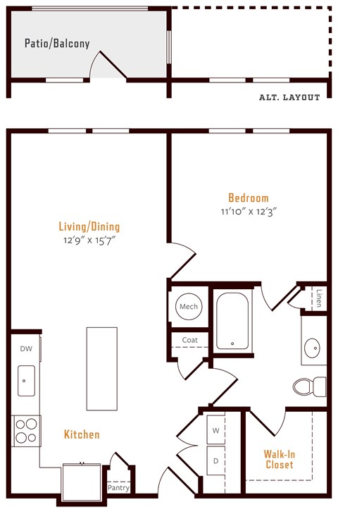 Floor plan for 1 bed, 1 bath, 763 sqft